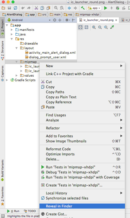 navigate to reveal in finder in Android Studio to locate app icons location