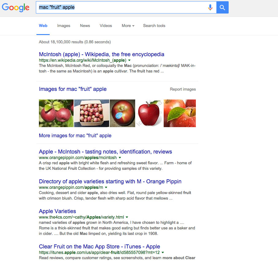 emphasize on the word fruit in goole search for apple