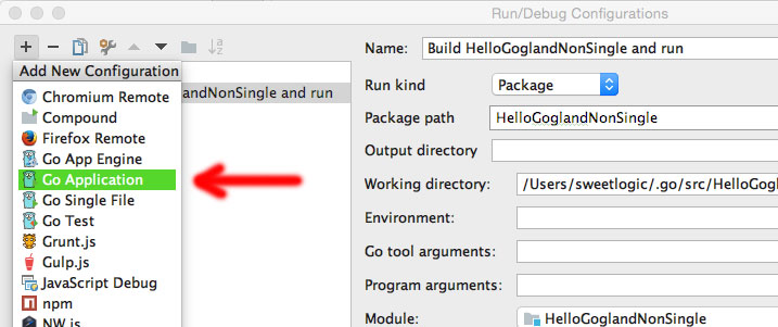 Gogland Go Application Run Configuration